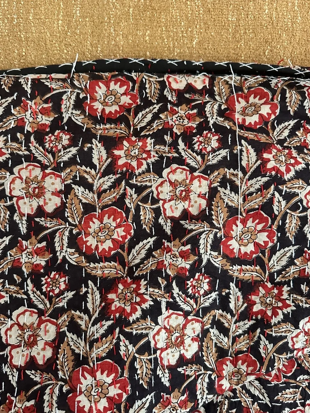 Black and Red Floral Kantha Quilt